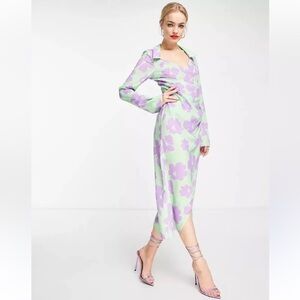 ASOS 70s Drape Front Wrap Midi Dress Green With Lilac Flowers